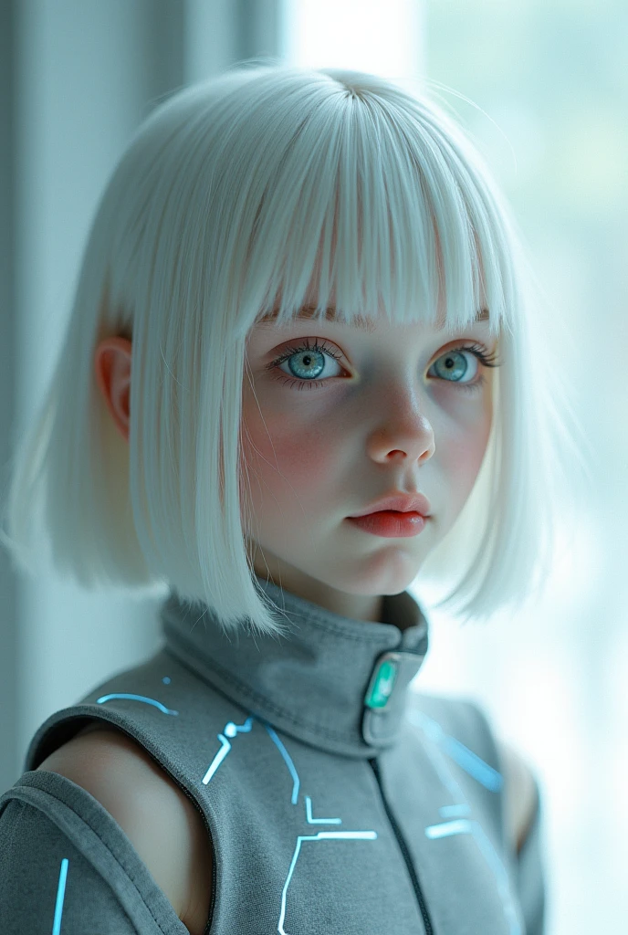 A  child, straight hair and white as snow, silver eyes that shine in metallic tones, and pale skin. Wears a tight-fitting gray cyber outfit, with circuits glowing faintly blue