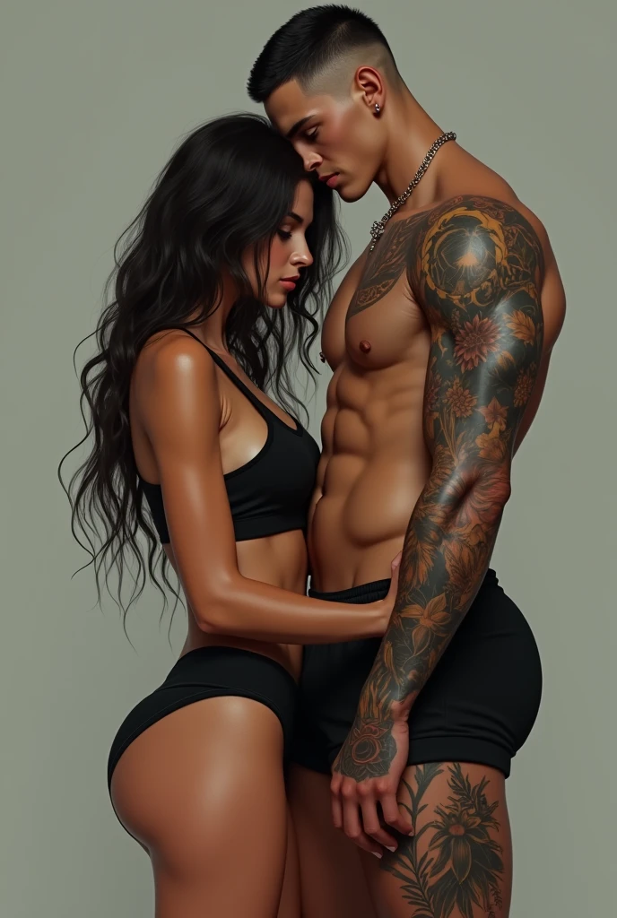 Make a mural of the song Everything or Nothing by Corina Smith and Eladio Carrión, changing to different characters. The man will be muscular, masculine, eyes, tough guy and the girl will be a top Spanish model with a 10 body. Hyper realistic quality, artwork, Sharpness level 10, without fog.