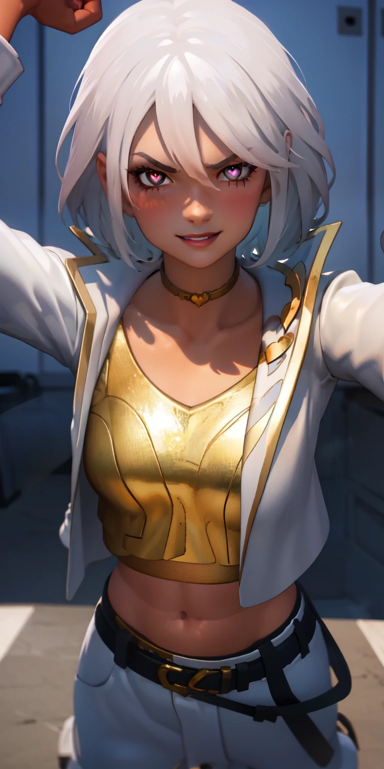 1girl, heart-shaped pupils, heart-shaped_pupils, white hair, short hair, brown eyes, eyeshadow, (blush:1.1),upper body,heart, (speed lines:1.1),medium breasts, love, heart, white jacket, jacket crop top, navel, gold crop top, purple lips, smile, angry, 1girl, solo, kabedon pov, looking at viewer