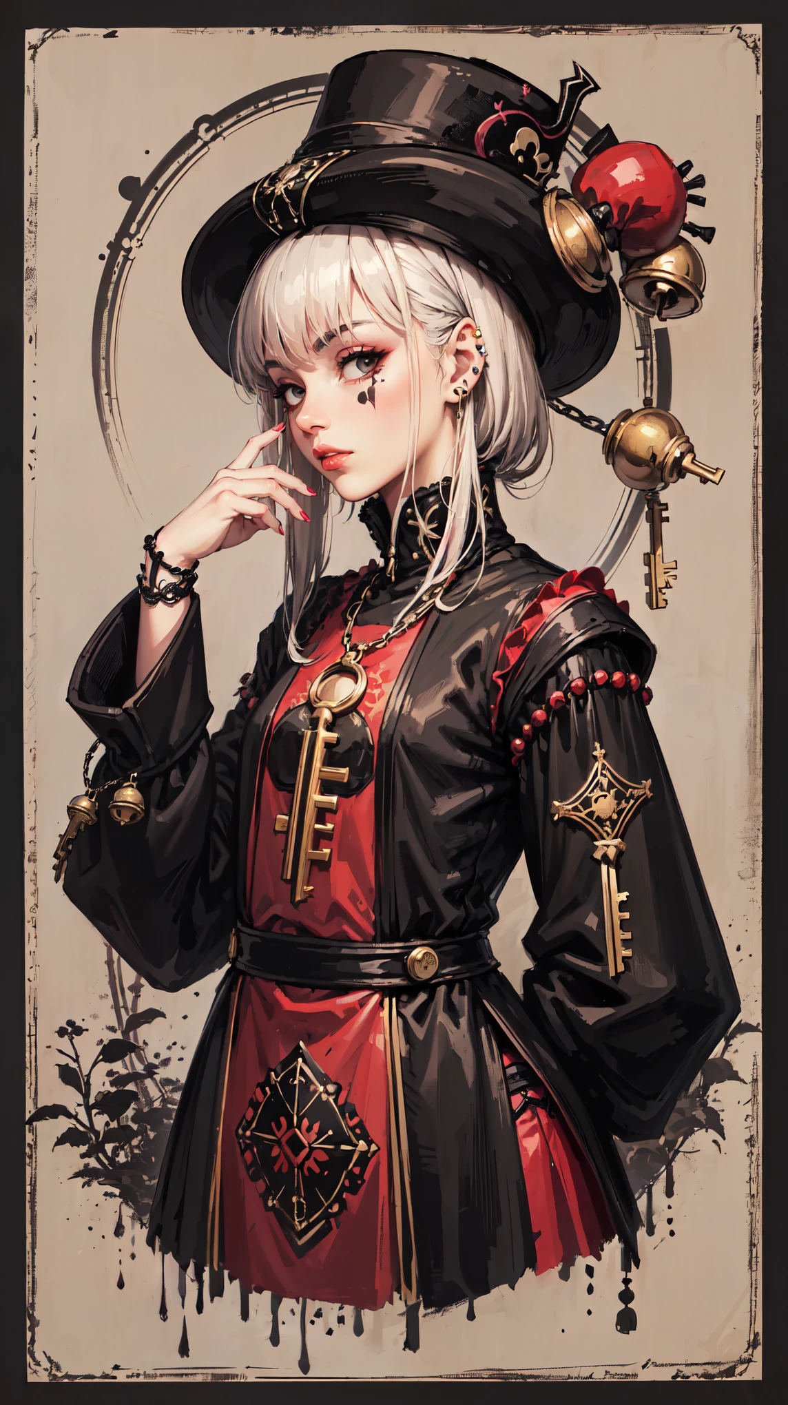 anime girl in pastel colors , a work painted with a dry brush taking into account the proportions . A beautiful pale face with a piercing gaze in the side. (medieval European jester's hat with Rhomboid patterns on the hat , a couple of key colors , small bells and laces on the hat. very long jester hat)/ portret style .goth-punk style