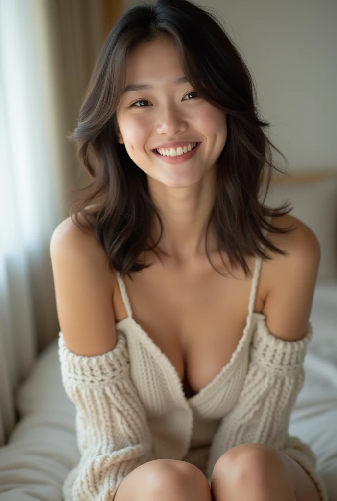 The image depicts a scene featuring a Japanese woman around 50 years old, with semi-long light brown hair and a chubby yet well-proportioned figure. She is seated on a bed, wearing luxurious white underwear paired with thin white pants. The focus is on her beautiful face, showcasing a kind smile and a mesmerizing gaze. The setting is indoors, with wooden flooring visible, and the lighting features diffused sunlight, creating a soft bokeh effect. The overall atmosphere conveys a sense of warmth and elegance, highlighting the woman’s sensual yet graceful appearance.