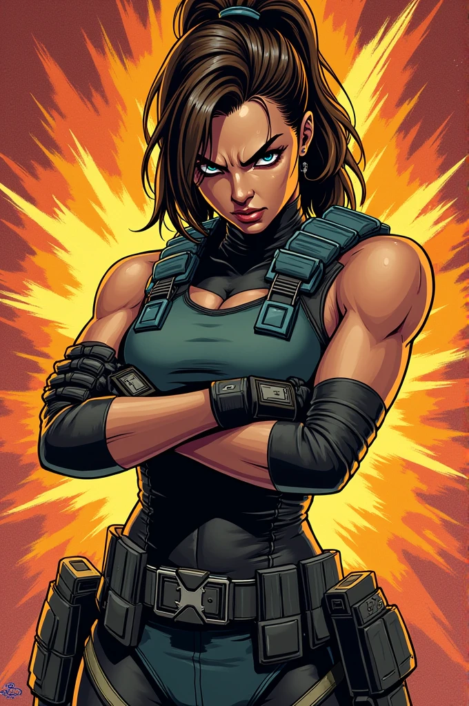 Sonia blade of mortal kombat, with an annoyed expression and arms crossed, manga style