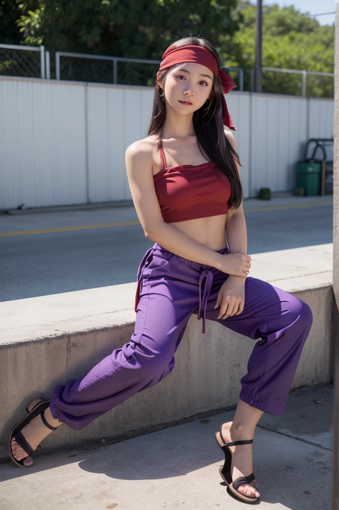 (Winry) (Cute face) (Nice body) (Highly detailed features) (Highest quality) (tolls on a garage wall background)(Purple pants) (red bandana) (Sandals) (black top)