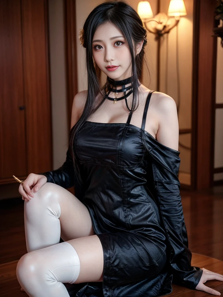 (Highest quality, 4K, masterpiece :1.3), Beautiful woman, Surreal, 1 person,),Ajolf, Side Lock,Short hair and long straight hair, Gold Hair Band, Gold earrings, Gold Hair Ornament, Big Breasts, Exposing shoulders, Black Dress, Double-sided dress with red rose cape, choker, Thigh-high boots, , Fingerless gloves, Thigh-high boots,Slender beauty, (Huge breasts, Attractive body :1.2), Abdominal exercises :1.1, Long black hair 1.1, Highly detailed face, Lip details, Beautiful Eyes, double eyelid, Sexy low neck dress, Open neckline, Twisting waist pose, Visible curves,Muscular, Bent legs, Yugal, masterpiece, Highest quality, High resolution, aaYugalf,Cowboy Shot, Are standing, Looking at the audience, Outdoor, night, (Perfect Anatomy:1.Big Ass, jewelry, Off the shoulder, Black Pantyhose, Cute Smile, Beautiful and bright lighting, Beautiful breasts,Place your hands behind your back,