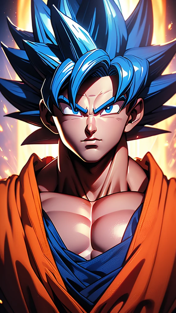 Goku from dragon ball super in Super Saiyan Blue , with perfect muscle , topless, , no shirt , clean 3 d render, octane render, beautiful composition, trending on artstation, award-winning photograph, masterpiece, beautiful detailed eyes, beautiful detailed lips, extremely detailed eyes and face, long eyelashes, cinematic lighting, dramatic studio lighting, Matte Painting, intricate, elegant, highly detailed, digital painting, artstation, concept art, smooth, sharp focus, illustration, art by artgerm and Gediminas Pranckevicius, Greg Rutkowski, High Resolution, Masterpiece, Super Detailed, Retina, Award Winning, (heart shaped face), Depth Of Field, Glowing Light, Anime Style, , Hyperrealism, Pixel Art, 