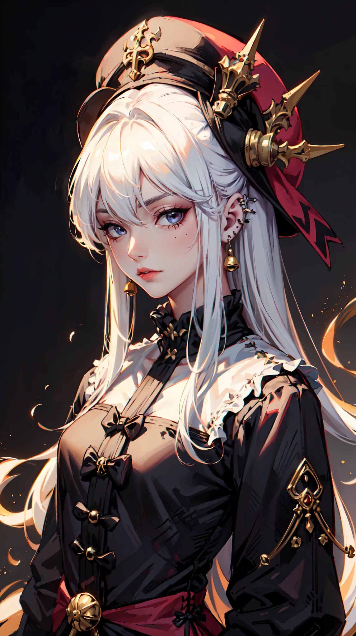 anime girl in pastel colors , a work painted with a dry brush taking into account the proportions . A beautiful pale face with a piercing gaze in the side. (medieval European jester's hat with Rhomboid patterns on the hat , small bells and laces on the hat. very long jester hat)/ portret style .goth-punk style