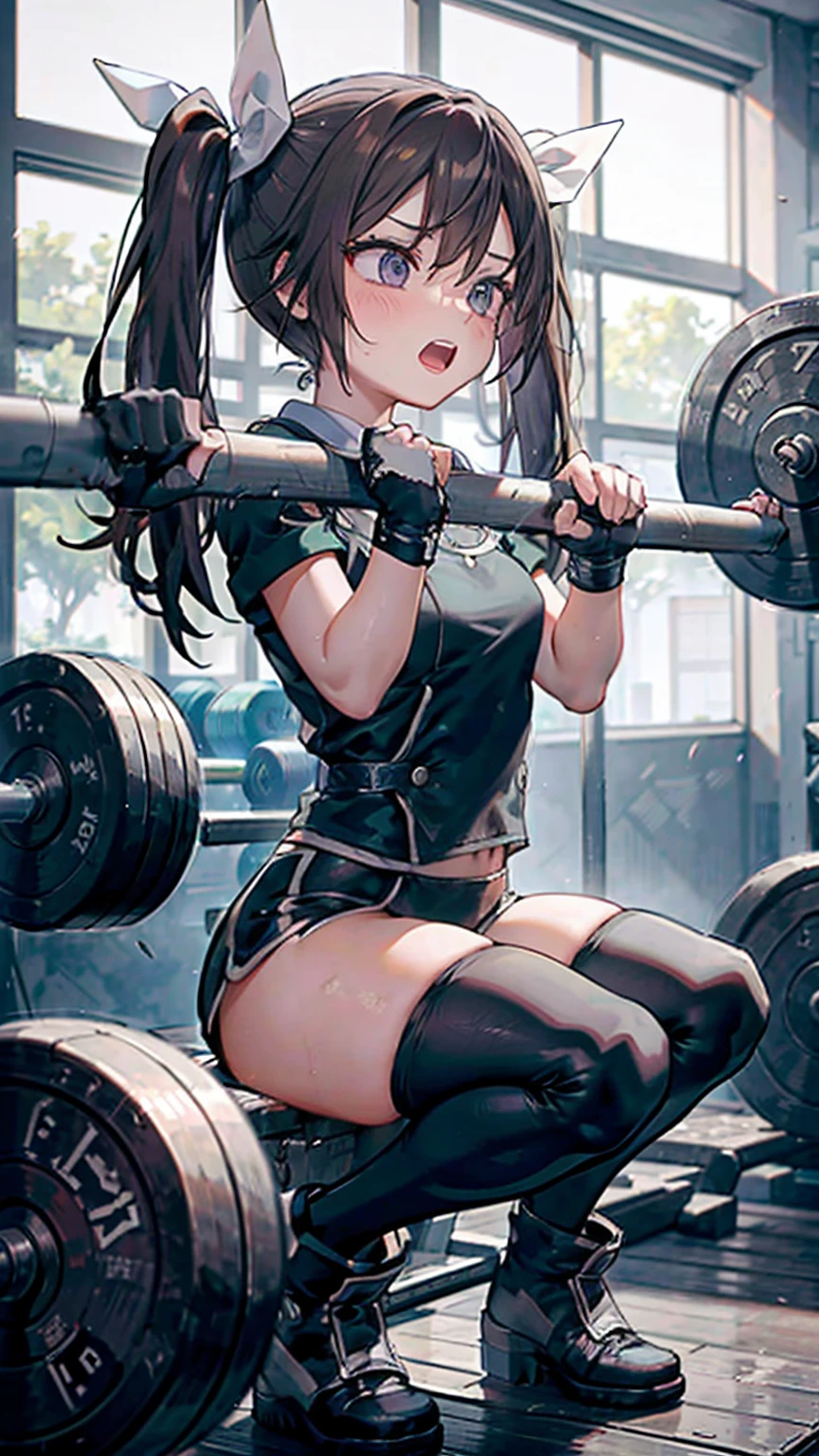 crying,shouting,tone,/(kantai_collection/),Training Gym,(((Weightlifting,Weightlifting))),gym,training,(((weightlift press))),barbell,weighted training,twintail_hair,closed_eyes,