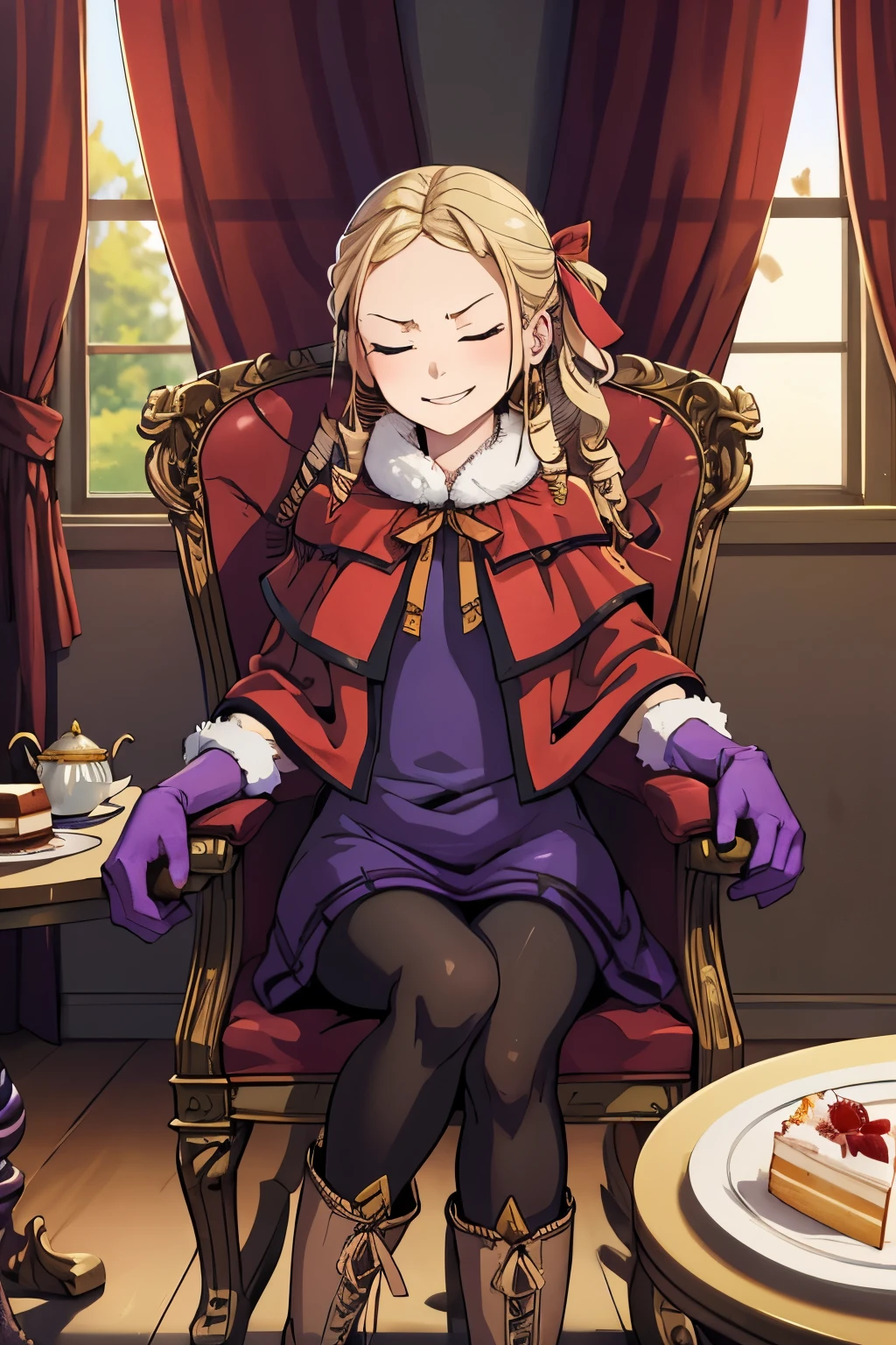 masterpiece, best quality,  JelandaVP, drill hair, ribbon, capelet, purple dress, gloves, pantyhose, boots, jewelry, sitting, table, chair, mansion, victorian architecture, tea, cake, closed eyes, smirk, solo