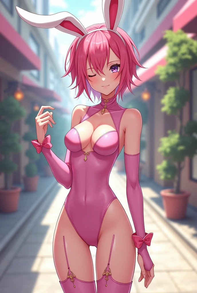 NSFW, best quality, ultra-detailed, high resolution, extremely detailed cg, anime picture, pov, 1girl, low bun hair, sweat, big smile, standing, ass or navel, sunny beach, (best quality, ultra-detailed, anime picture, game cg, art cg, photorealistic, movie lighting, perfect shadow, realistic lighting shaded, unity 8k wallpaper), pov, (full nude), (completely naked), short hair, pink hair, beautiful eyes, bangs, fringe trim, (medium breasts:1.2), tan skin,, perfect body, slim waist, sweat, couple, collar, (leashed), bdsm, stable,, front view, (cyberpunk garden, in front of the kennel, night), shiny hair, glistening skin, (intense colors)