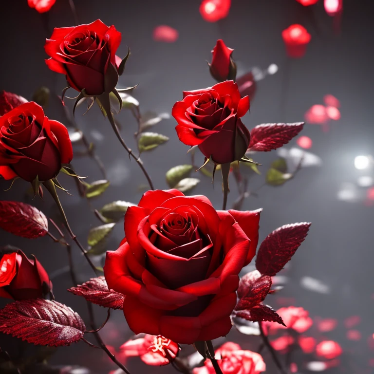 a red cyberpunk rose, detailed petals, intricate mechanical parts, glowing neon highlights, dynamic lighting, futuristic sci-fi atmosphere, digital art, 8k, photorealistic, masterpiece