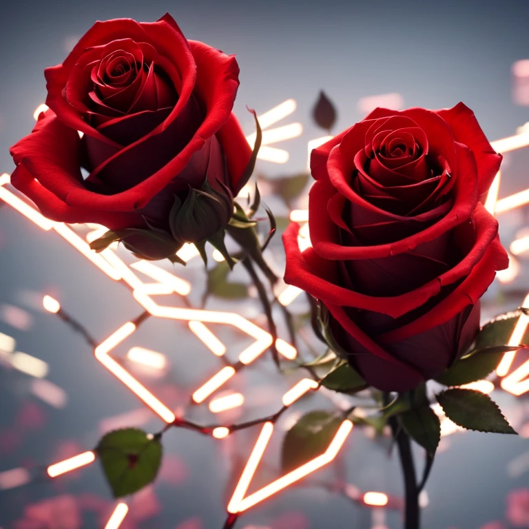 a red cyberpunk rose, detailed petals, intricate mechanical parts, glowing neon highlights, dynamic lighting, futuristic sci-fi atmosphere, digital art, 8k, photorealistic, masterpiece