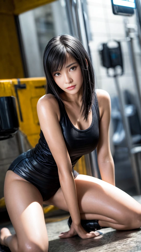 ((Wavy Long Hair))、Very smiling、(Tifa from Final Fantasy)、Has bangs、(masterpiece、highest quality、in 8K、32K、masterpiece、NFSW、Super huge 、Ultra-high resolution、impressionism、Photorealistic:1.2)、Sharp focus、Beautiful face with detailed background of face and eyelids、blue sky、Shiny skin、Sharp pupils、Realistic eyes and beautiful face、Blurred Background、1 beautiful girl、Shiny skin、(((beautiful Black Hair)))、black eye、(((White tank top)))、(Black tight skirt)、suspenders、Black leather gloves、(Knee-length skirt)、Thighs Thighs Thighs、curve、Dynamic pose、Powerful composition、((Melancholic expression))、((A look of contempt))、((Glaring at the viewer))、sweating、((Black Hair))、no panties、(Small Mouth)、no pantie,train,sit,Peeing,Pee、Leg spread,(no under hair),Low - Angle、Spreading pussy、Pussy in full view、Open up、Masturbation、Climax、Sweaty,Water flows from the pussy、Show your chest