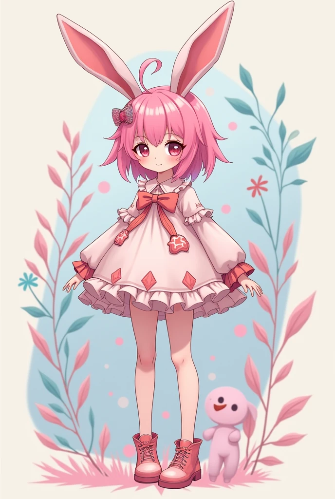 Girly boy with bunny ears full body with pink hair and modern anime style costume