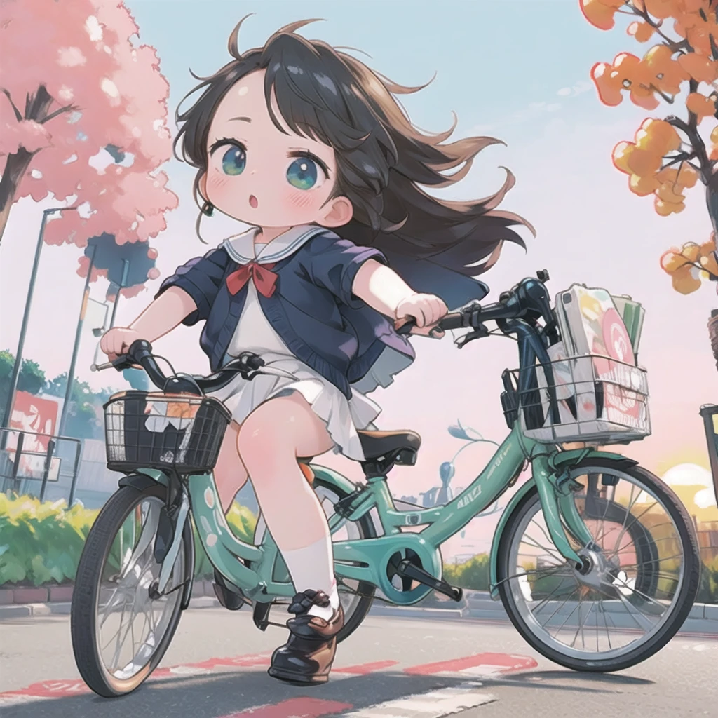 (masterpiece, Ultra-high resolution，Highest quality:1.2), reality、Very short stature， On a bicycle，alone、middle School girls，Summer clothes、Fluttering skirt，positive，whirlwind，Riverside at dusk、Beautiful sunset，