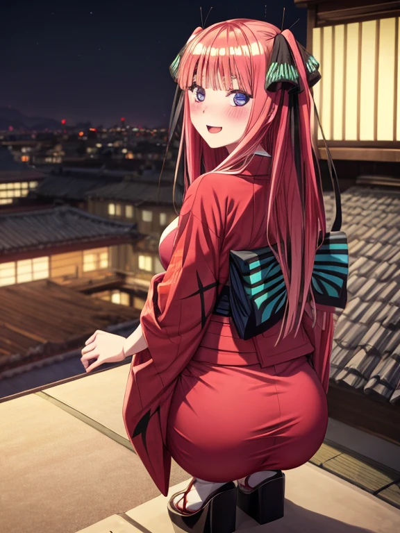 best quality, insanely detailed, nino nakano, breasts, blush, looking at viewer, cheerful eyes, arousal, kimono, highleg kimono, tight kimono, pussy, roof top background, panties, lingerie