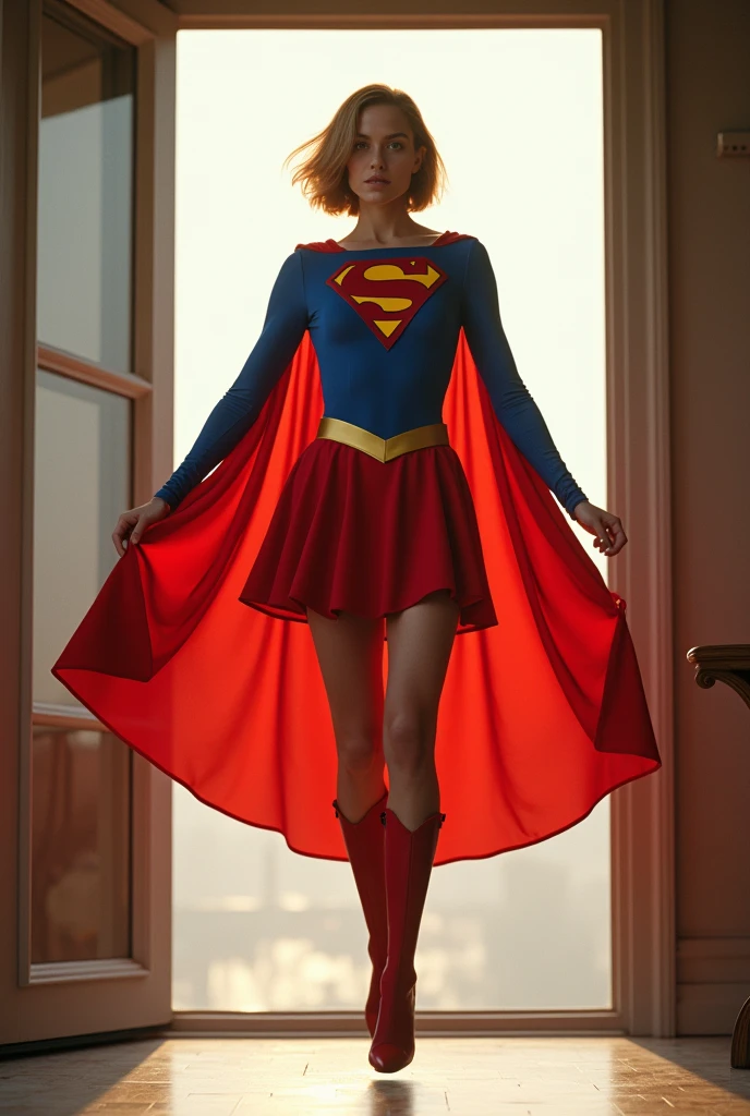 open window(((full body view))); Supergirl 1984s Julie Hagerty(((very beautiful old Supergirl (((1984s movie costume))); Julie Hagerty))) Super old woman Julie Hagerty; full body; stretched in the air, confident, powerful, indestructible, attractive; flutuando no ar.