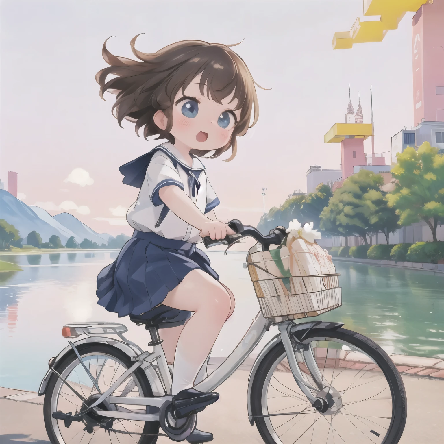 (masterpiece, Ultra-high resolution，Highest quality:1.2), reality、Very short stature， On a bicycle，alone、middle School girls，Summer clothes、Fluttering skirt，positive，whirlwind，Riverside at dusk、Beautiful sunset，