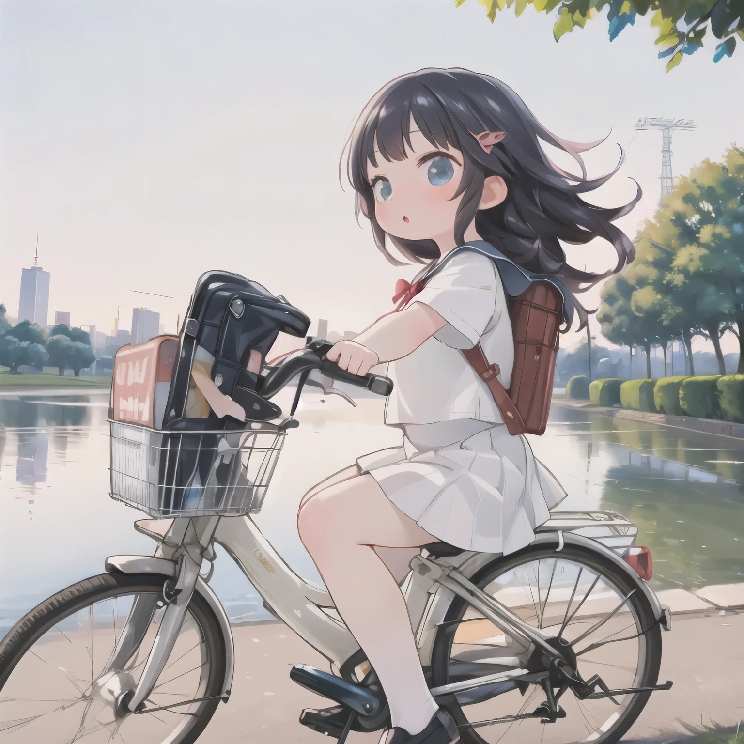 (masterpiece, Ultra-high resolution，Highest quality:1.2), reality、Very short stature， On a bicycle，alone、middle School girls，Summer clothes、Fluttering skirt，positive，whirlwind，Riverside at dusk、Beautiful sunset，