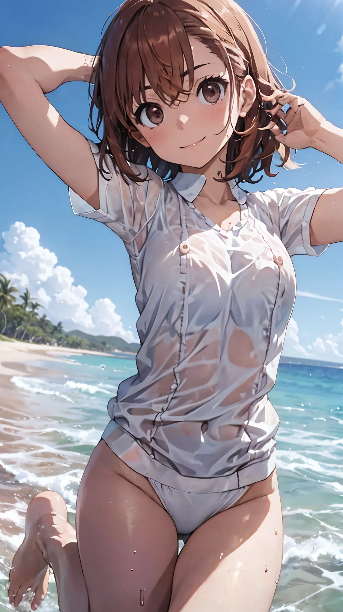 Smooth anime CG art、Focus Only、1 girl、Front view、(((All naked)))、((Full nudity))、naked、(((The shape of the genitals is clearly visible)))、(((Small breasts)))、(((sweat)))、Semi-short hair、(((Sweaty)))、Watery eye、blush、(((Embarrassed look)))、((Open your mouth))、(((Are standing)))、Spread your legs、((beach))、((Night Sky))、Midnight、Outdoor、((arms behind head))、(((white tank top)))、(((white panties)))、(upper body)