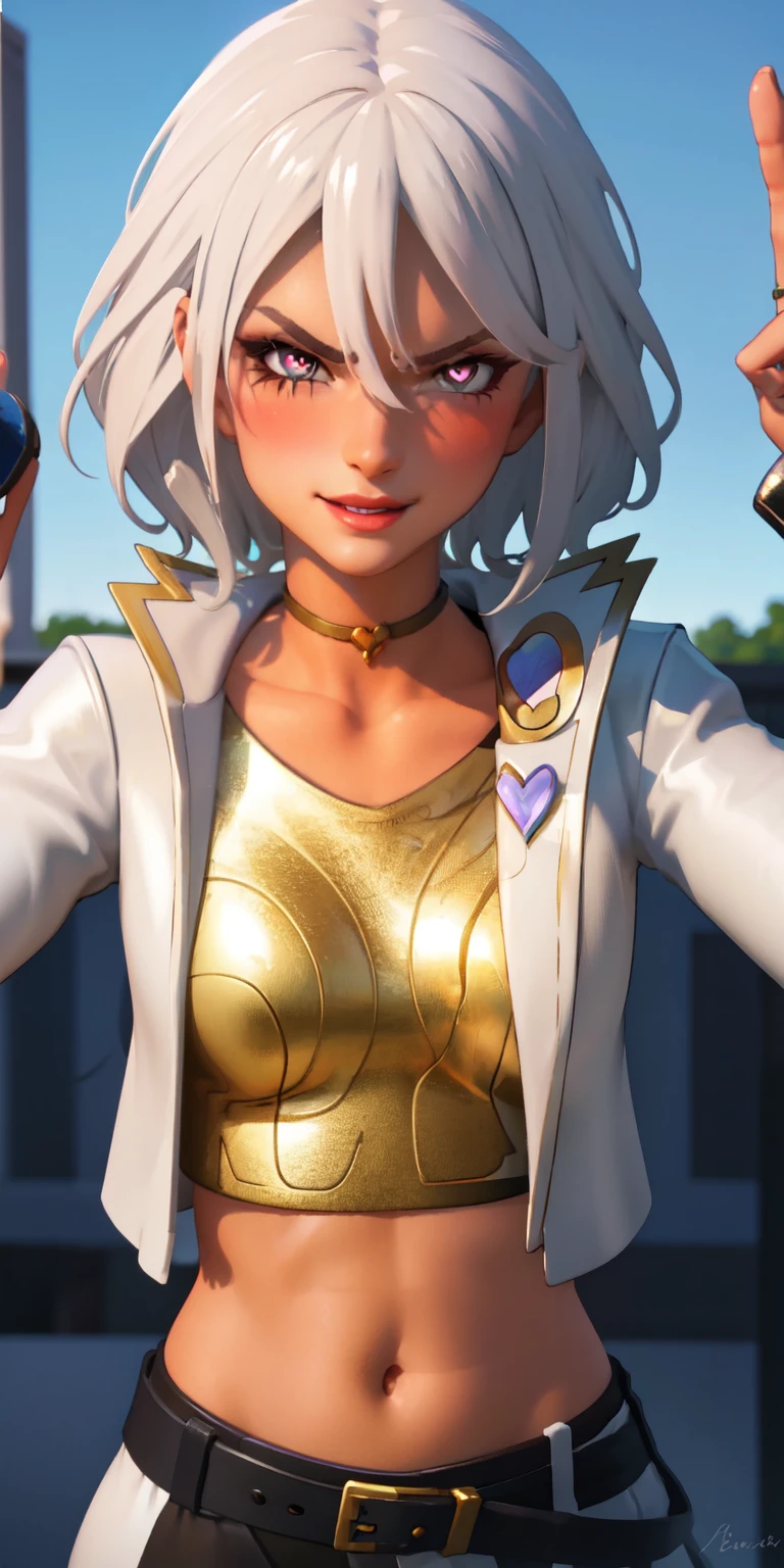 1girl, heart-shaped pupils, heart-shaped_pupils, white hair, short hair, brown eyes, eyeshadow, (blush:1.1),upper body,heart, (speed lines:1.1),medium breasts, love, heart, white jacket, jacket crop top, navel, gold crop top, purple lips, smile, angry, 1girl, solo, kabedon pov, looking at viewer