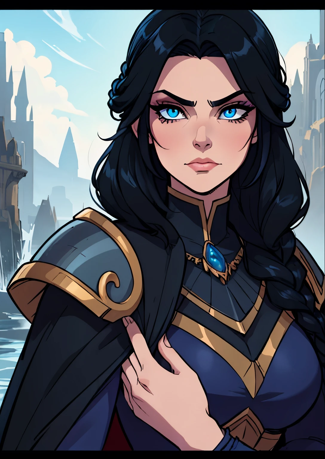 masterpiece, best quality, 1female, beautiful, face portrait, dark makeup, black hair, blue eyes, single braid, knight goth girl, elden ring, armor, blue cloak, serious, Rellana