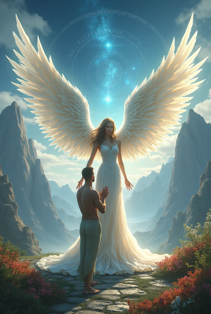 angels guarding a person in an astral temple the angel from afar seeing the Asian human pretending that he guards