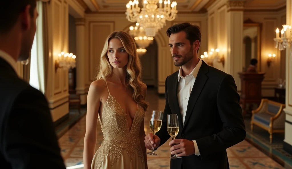 ((best quality)), ((masterpiece)), (detailed), couple, drinking in Grinzing, Austria , 1woman, very long blonde hair, cocktail dress, 1man, tall, muscular, handsome, dark short hair, wearing suit, summer time