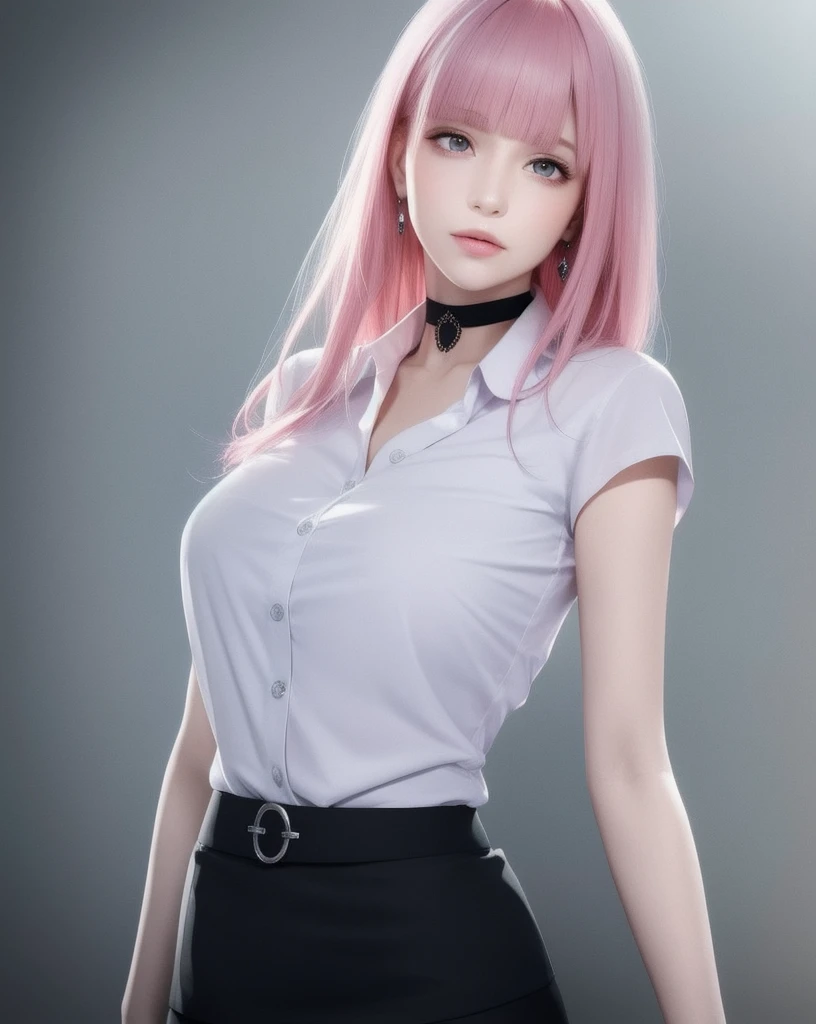 Solo, Detailed Face, Long Eyelashes, Detailed Eyes, (Straight Hair: 1.3), (Red Eyes: 1.3), (Pink Hair and 
White Mesh: 1.2), Big cleavage, Slim, Angle from behind, Inn, While changing into a white
 shirt, tartan check skirt, impatient, hands and knees, white and pink panties