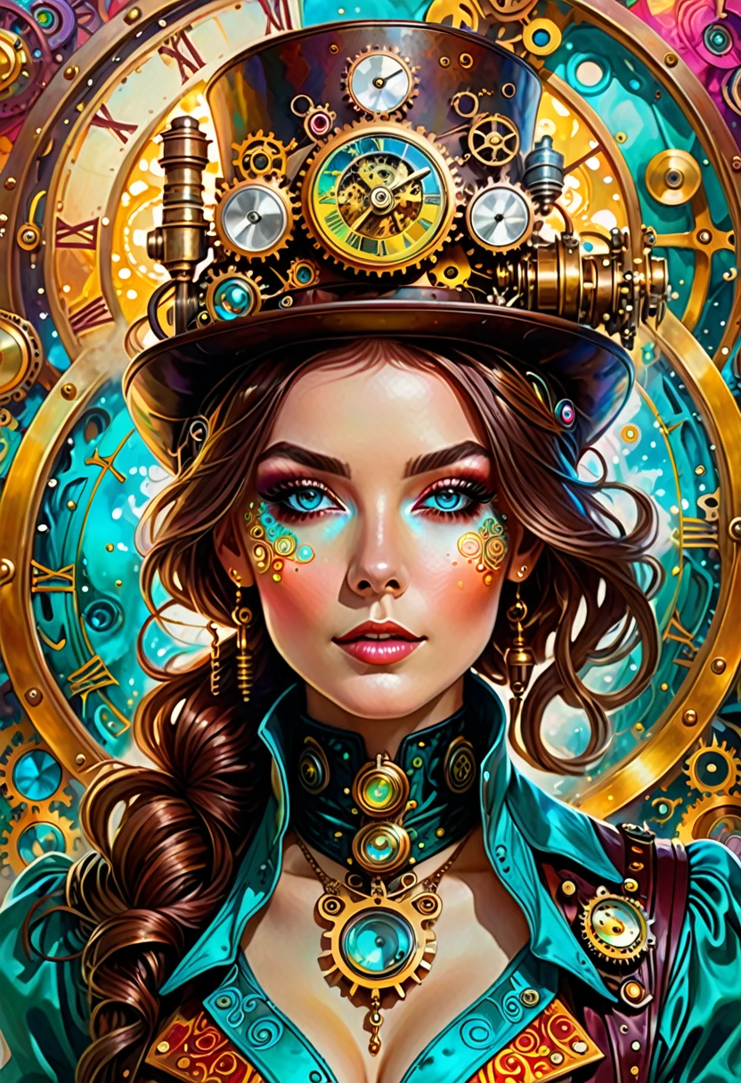 A stunning portrait of a woman dressed in steampunk attire, surrounded by vibrant hues and swirling psychedelic patterns. Her face is adorned with intricate clockwork mechanisms, as she gazes directly at the viewer with a hint of mischief. The background bursts forth with kaleidoscopic water explosions, featuring shades of turquoise, crimson, and golden yellow, blending seamlessly with her outfit's metallic accents.