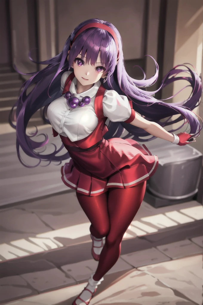 (masterpiece), (best quality), (ultra-detailed), intricate detail, athena97, 1girl, solo, purple eyes, purple hair, long hair, white earrings, red hairband, star hair ornament, medium breats, red vest, white turtleneck, white puffy sleeves, short sleeves, red pleated skirt, (deep red pantyhose:1.2), black pantyhose, yellow belt, purple sphere shape necklace, red fingerless gloves, white short socks, red shoes, <lora:athena97e12:0.8>,
park, photography, (blush:1.2), (smile), blurry background, sitting, full body, leg lift,