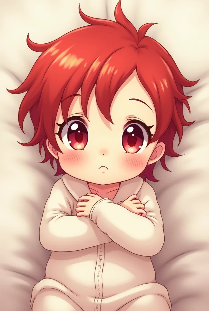 Red hair, shaggy, red eyes, anime, baby, rubbing eyes, lying on back, simple white outfit,  