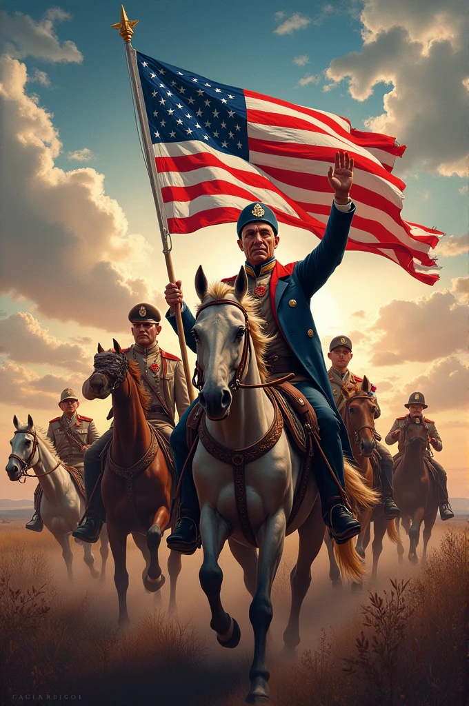 (Digital Painting), (Best Quality), Ancient Battlefield, Sunset, Battle Flag, Flag Raised, Warrior, War Horse, Spear, Golden Iron Horse, Tense Atmosphere, 8k Hyperrealism, Soft Color Scheme, Soft Lighting, Primetime, Landscape