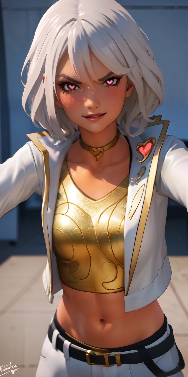 1girl, heart-shaped pupils, heart-shaped_pupils, white hair, short hair, brown eyes, eyeshadow, (blush:1.1),upper body,heart, (speed lines:1.1),medium breasts, love, heart, white jacket, jacket crop top, navel, gold crop top, purple lips, smile, angry, 1girl, solo, kabedon pov, looking at viewer