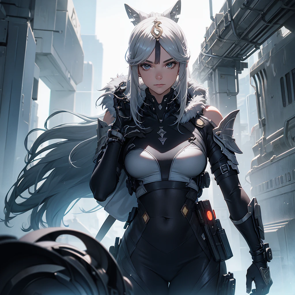 Life like sexy anime cyborg cat girl with long white hair and blue eyes, full body portrait, white and black battle dress, life like characteristics,ultra realism, Soft smile, riding a mystical black dragon,apocalyptic background, naughty pose, hyper realistic, 3 d anime realistic, advanced digital anime art,extremely detailed art germ, 8k high quality detailed art, solo,full body portrait, amazing beauty,, dynamic pose, delicate face, vibrant eyes, (from the front), silver hair, streaked hair, very long hair, expressive hair, multicolored eyes, aqua eyes, purple eyes, fox ears,heart earrings, earrings, light smile, shy, blush, parted lips, licking lips, heavy breathing, naughty face, naughty, sparkle, god rays, super detail, high quality, anatomically correct, textured skin, best quality,full body portrait,silver wolf,seen from below,guweiz on artstation pixiv, resolution 4098x2160, 8k --auto --s2