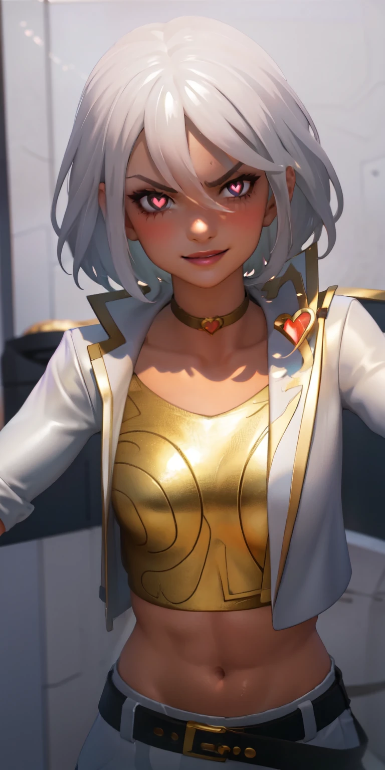 1girl, heart-shaped pupils, heart-shaped_pupils, white hair, short hair, brown eyes, eyeshadow, (blush:1.1),upper body,heart, (speed lines:1.1),medium breasts, love, heart, white jacket, jacket crop top, navel, gold crop top, purple lips, smile, angry, 1girl, solo, kabedon pov, looking at viewer