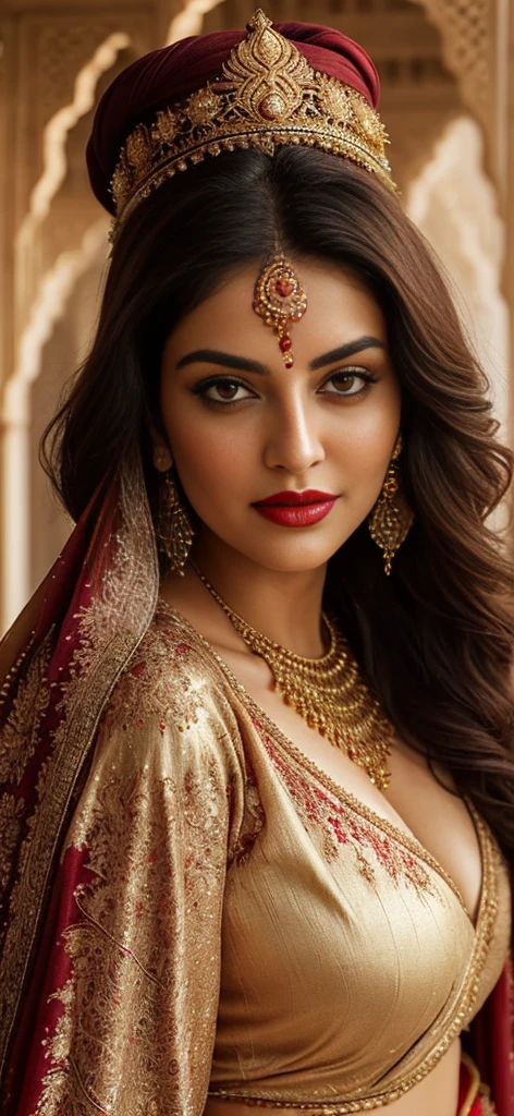 hot arabic mature queen,Her hair is long, dark, and lustrous, partially visible beneath the elegantly draped dupatta that adorns her head and shoulders, respecting her tradational heritage. The dupatta, a piece of fine, lightweight fabric, is richly embroidered with traditional palace motifs, incorporating colors like deep reds, vibrant greens, and golds, symbolizing the richness of her culture,voloptuous,slight fat,red lips,gigantic_breast,mature,sexy,beauty,perfect face,perfect eyes,hd makeup,shimmery makeup,
