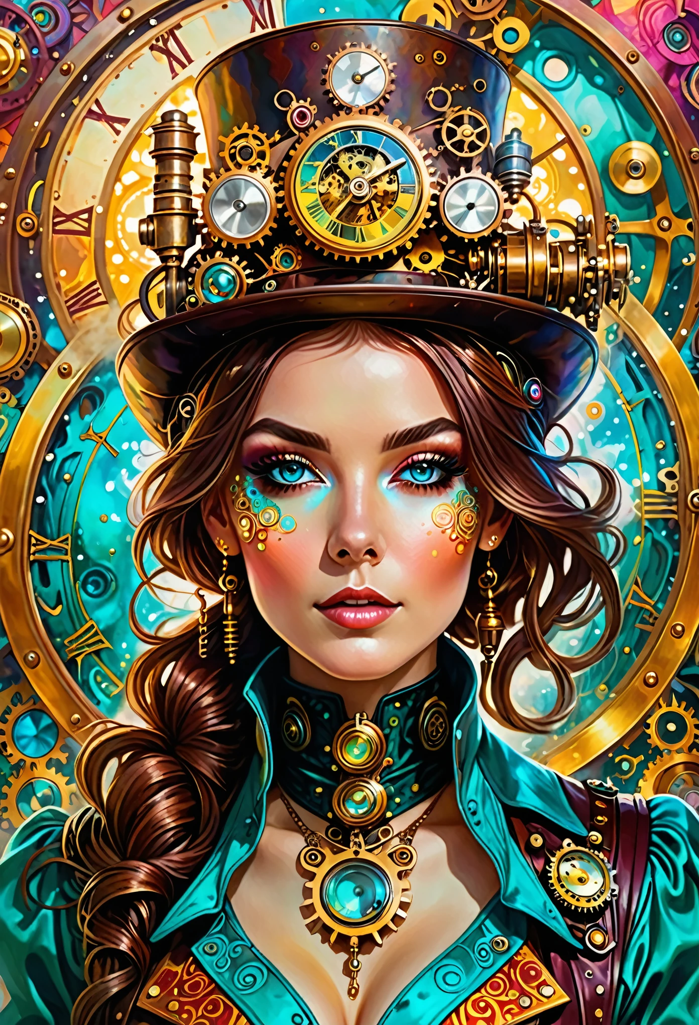 A stunning portrait of a woman dressed in steampunk attire, surrounded by vibrant hues and swirling psychedelic patterns. Her face is adorned with intricate clockwork mechanisms, as she gazes directly at the viewer with a hint of mischief. The background bursts forth with kaleidoscopic water explosions, featuring shades of turquoise, crimson, and golden yellow, blending seamlessly with her outfit's metallic accents.