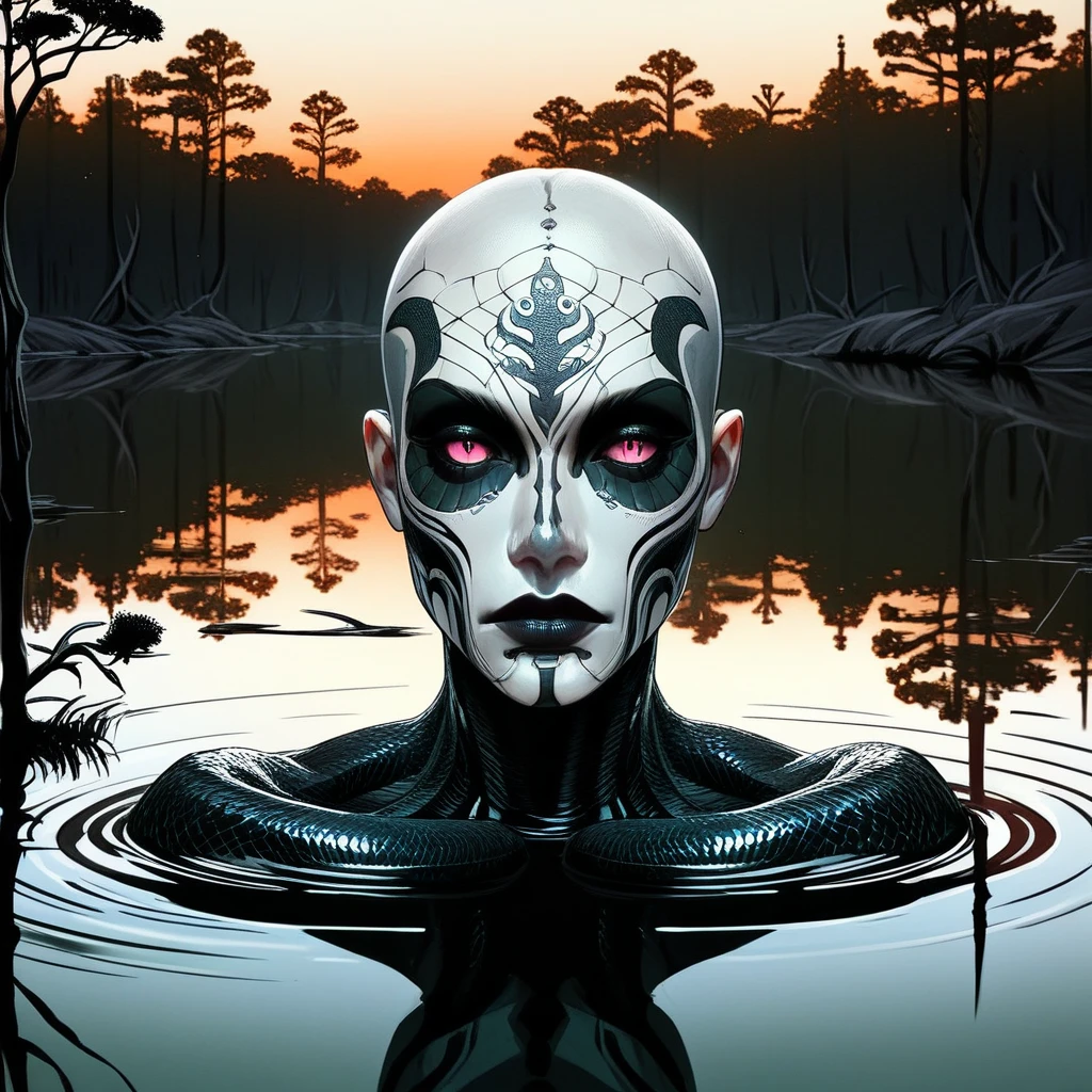 Surreal scenes with detailed people, Shaved head with futuristic tattoos, Partially submerged in a still body of water. Wrapped around them is a big, A smooth snake blending into the water. On a calm background、It depicts a tranquil sunset in vibrant orange and pink hues。, wood々Silhouette of, And the reflections create a peaceful yet mysterious atmosphere.. The overall atmosphere is calm yet mysterious., Contrast between warm and cool colors, Dark tones of water and snakes.