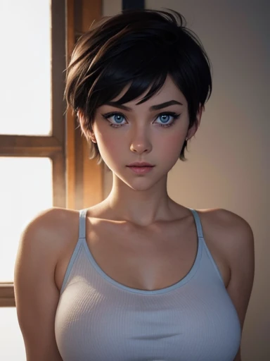 A cute girl, blue eyes, beauty perfect,short cut hair ,hevy big breasts ,looking at viewer, bad ass 