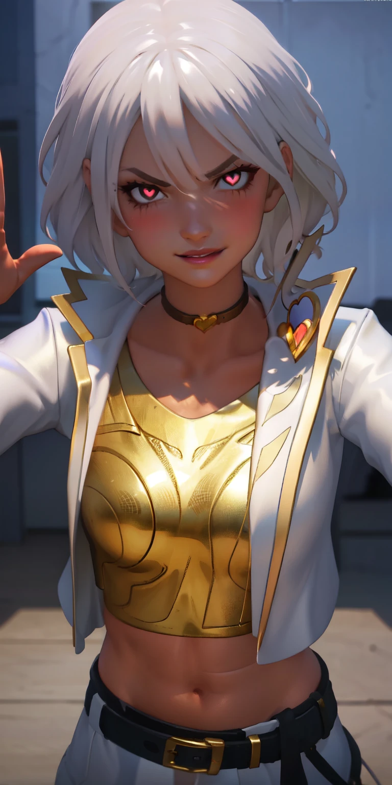 1girl, heart-shaped pupils, heart-shaped_pupils, white hair, short hair, brown eyes, eyeshadow, (blush:1.1),upper body,heart, (speed lines:1.1),medium breasts, love, heart, white jacket, jacket crop top, navel, gold crop top, purple lips, smile, angry, 1girl, solo, kabedon pov, looking at viewer