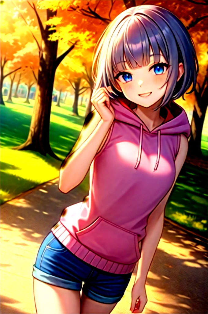 (masterpiece, Highest quality:1.2), Absurd, Perfect Anatomy, One girl, (A proud smile:1.2), throw, View your viewers, Put your hand on your cheek, short hair, Wavy Hair, Blunt bangs, Silver Hair, Outdoor, autumn, pink \(Sleeveless hoodie:1.2)\, Lower the hood, ( Jeans Shorts:1.1), Focus Only, Small box, Soft lighting, Public Parks, (blue eyes)