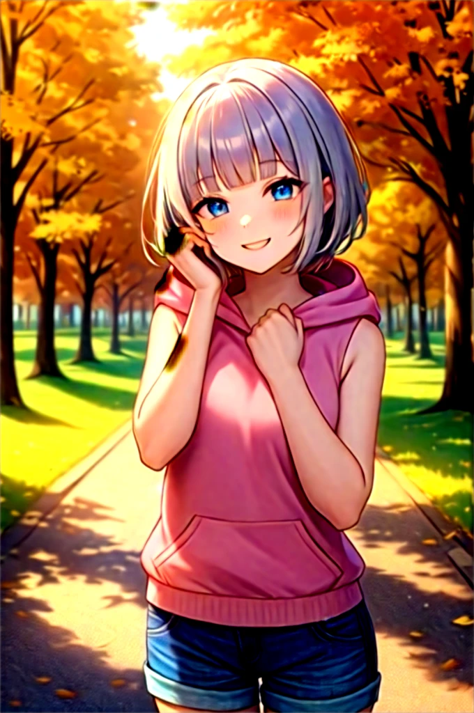 (masterpiece, Highest quality:1.2), Absurd, Perfect Anatomy, One girl, (A proud smile:1.2), throw, View your viewers, Put your hand on your cheek, short hair, Wavy Hair, Blunt bangs, Silver Hair, Outdoor, autumn, pink \(Sleeveless hoodie:1.2)\, Lower the hood, ( Jeans Shorts:1.1), Focus Only, Small box, Soft lighting, Public Parks, (blue eyes)