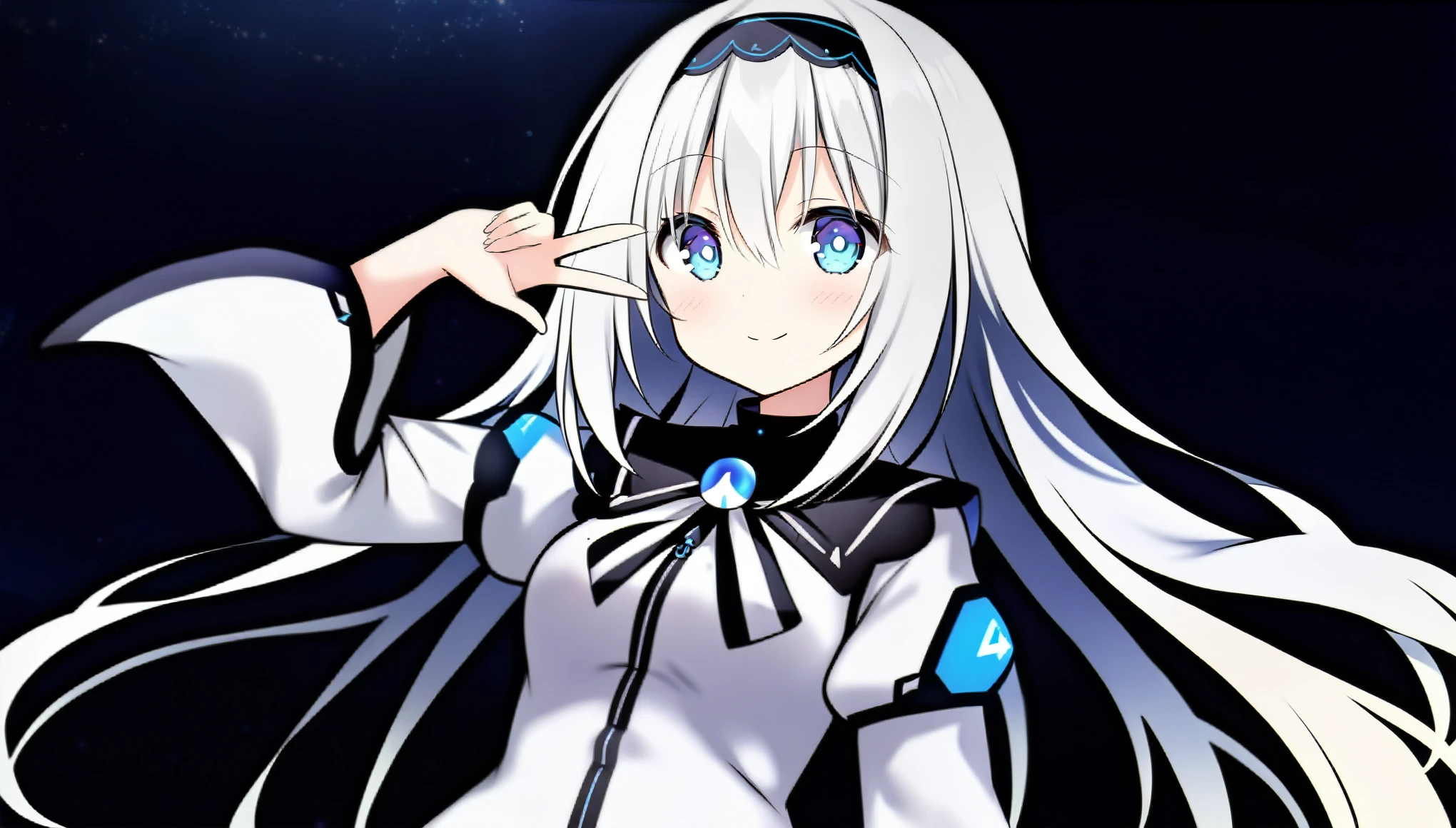 score_9, score_8_up, score_7_up, arusu maria,1girl, solo, long hair, blue eyes, white hair,hair between eyes,white dress,white thighhighs, long sleeves, wide sleeves,black hairband,Face, upper body, peace pose, smiling, sit, rised hand, black night sky, bright eyes, earth in the sky