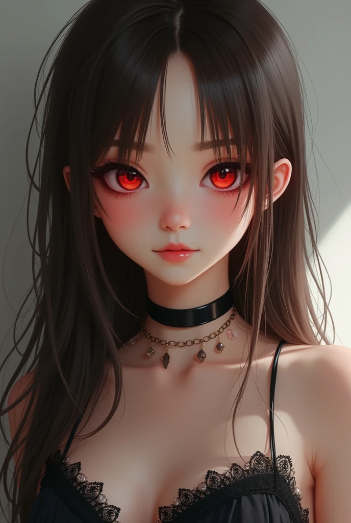 black hair, crescent earrings, slit pupils, red eyes, black hair, messy hair, Surrealism, anime style, depth of field, 8k, super detail, ccurate