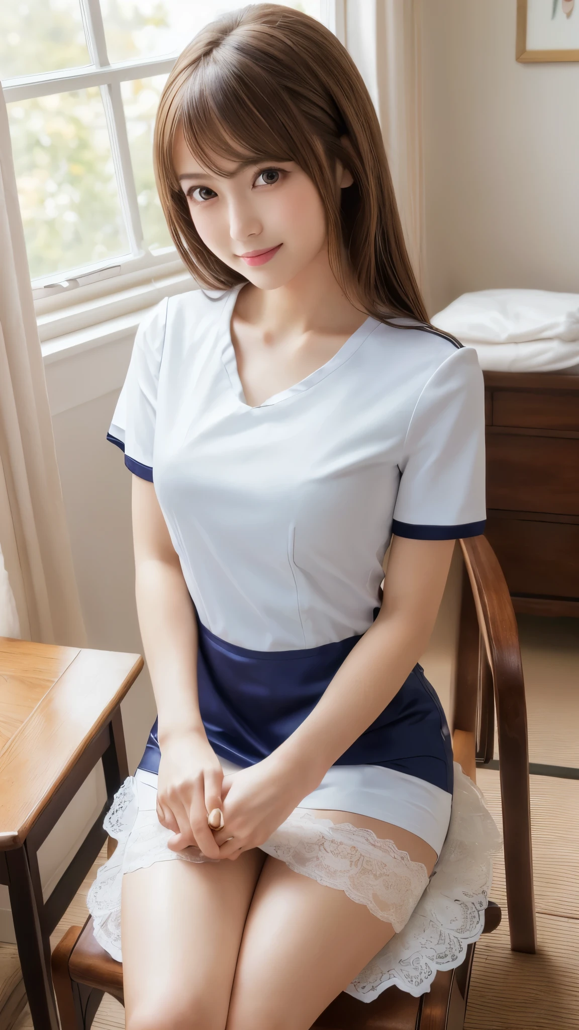 ((smile))、Confused、RAW Photos、(((The ultimate portrait masterpiece)))、((The cutest girl in the world:1.4))、1 girl、12 years old、Japanese、Cute face、((Silky Hair))、(A high ponytail tied with a ribbon:1.4)、((Super huge breasts:0.7))、((Eyes that shine like jewels))、Glowing Skin、(I can see your beautiful vagina.:1.3)、((Crotch from the front))、eyeliner、Beautiful Bangs、Hair between the eyes、((solve、High resolution))、Detailed Background、8 KUHD、Digital SLR、Soft Light、high solve、Film Grain、Fujifilm XT3、Shallow depth of field、自然なSoft Light、Narrow waist,(Beautiful girl with sparkling eyes:1.3),(A big bust that seems to burst:1),(Sometimes I squat so I can see my pussy line:0.6),(Very beautiful pussy line:1.2),(Skirt Lift:1.5),(Nurse in the nurse's office)
