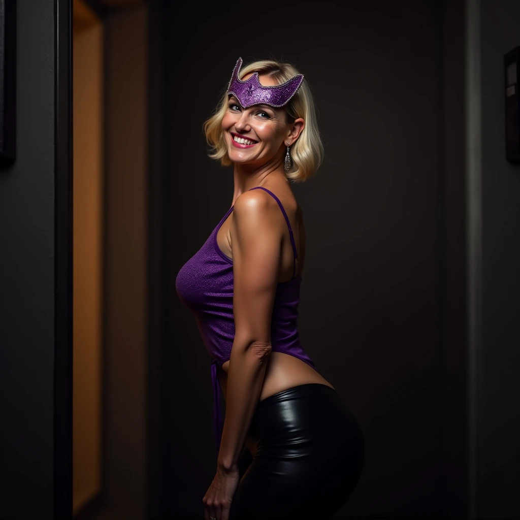 30 year old MILF naked erotic performance on onlyfans, legs wide open, showing genitals, laughing, wearing a venetian mask