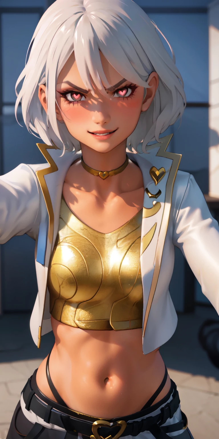 1girl, heart-shaped pupils, heart-shaped_pupils, white hair, short hair, brown eyes, eyeshadow, (blush:1.1),upper body,heart, (speed lines:1.1),medium breasts, love, heart, white jacket, jacket crop top, navel, gold crop top, smile, angry, 1girl, solo, kabedon pov, looking at viewer