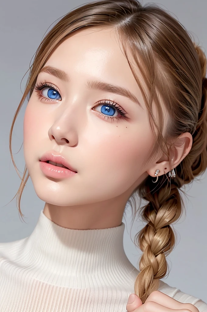 ((Highest quality)), ((masterpiece)), (High-definition photos), (upper ponytail, french braid), (Blonde), (bangs),  (beautiful girl:1.3), False eyelashes, (earrings), white sleeveless turtleneck dress with a ribbed texture and a bodycon fit, (white skin), head tilt, (Blushed:1.3), (face close up:1.1), from side, (finger to mouth:1.3), Shiny skin、wetty lips, Thin eyebrows、(Blue eyes:1.1)
