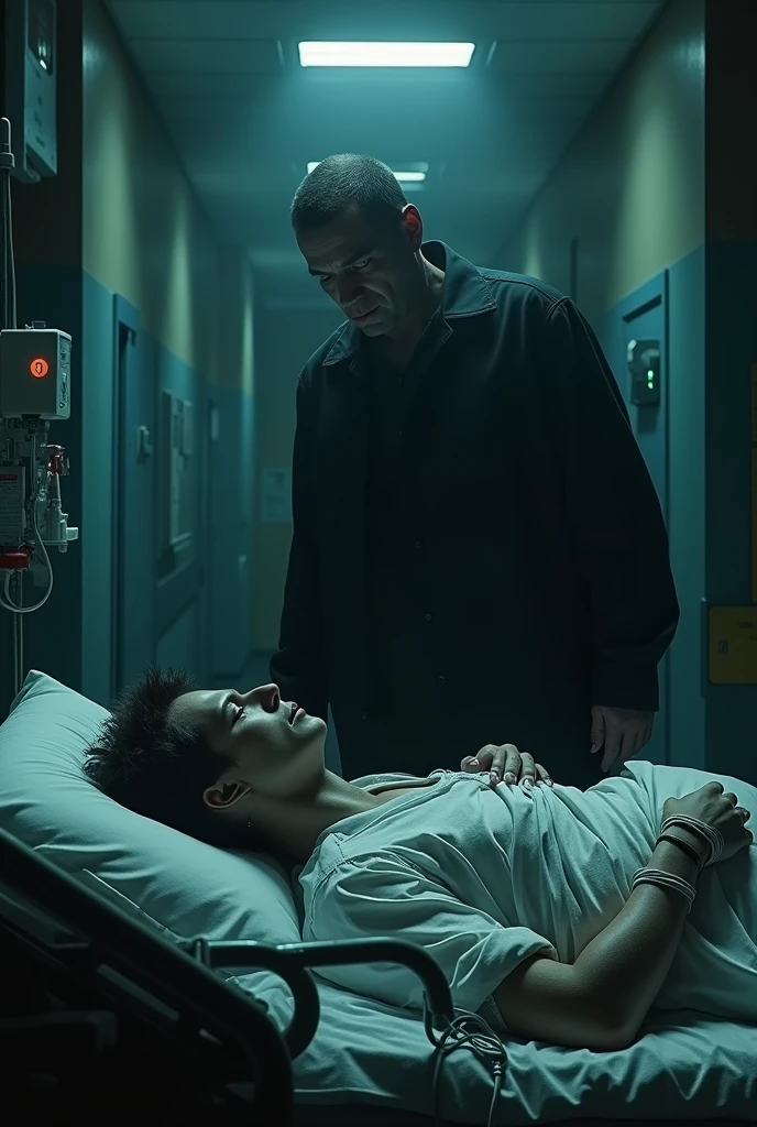 best quality, master part, Realistic, ultra detalhe, foto realista, Hyper-realistic camera footage of a gray alien kidnapping a man sleeping in a room, night vision