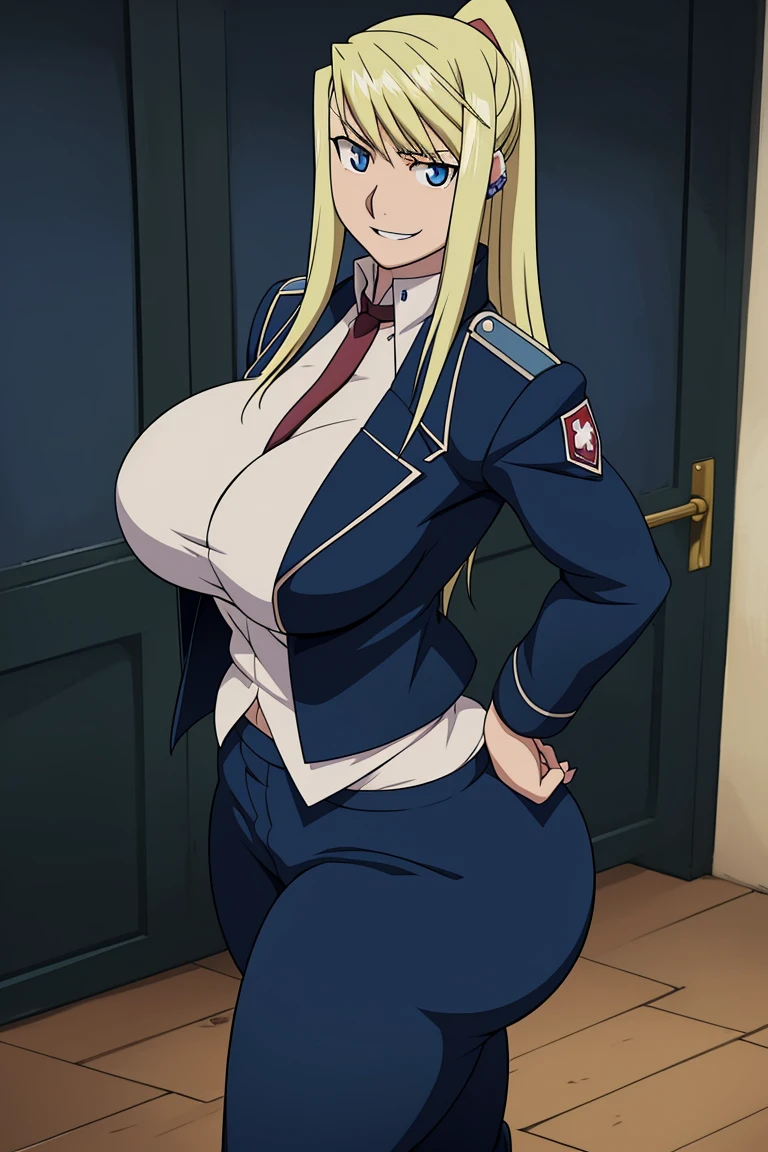 school uniform.Hellsing Ultimate, You become Victoria, 1 girl, ((Last))), Spiky blonde hair, blue eyes, Fuller lips, thick lips, Wide Hips, thick thighs, Huge breasts, Huge Ass, Oily, shiny skin, thick, Eros Smile Face, Strike a Pose